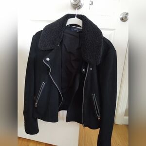 French Connection Black Jacket with Faux Shearling Collar Medium